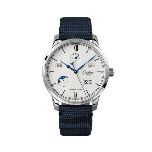 Glashuette Original Senator Excellence Perpetual Calendar 42 mm Silver Dial Stainless Steel Synthetic, Blue Strap 1-36-02-01-02-64
