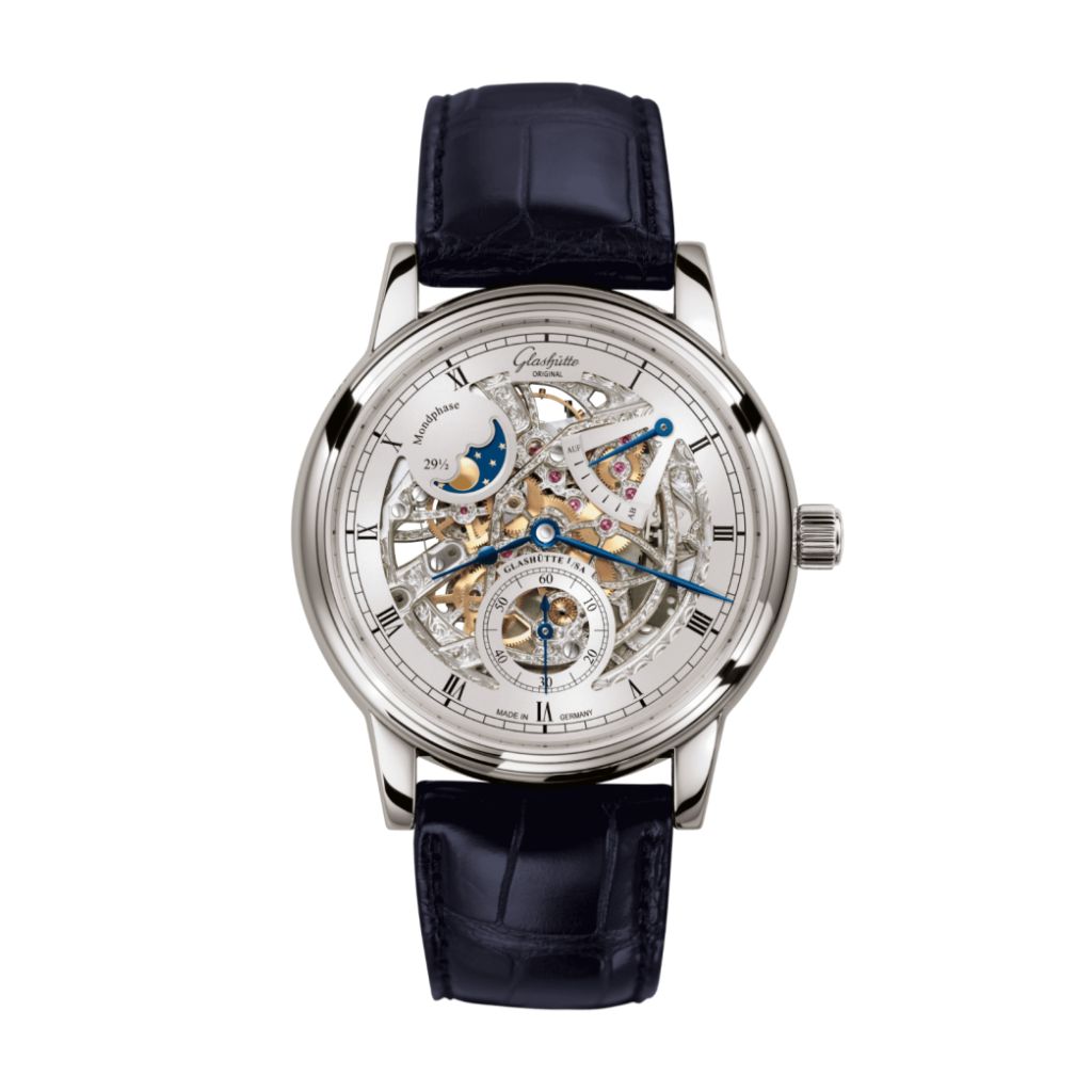 Glashuette Original Senator Moon Phase Skeletonised Edition 42 mm Silver Dial White Gold Louisiana   Leather Strap, Blue 1-49-13-15-04-30