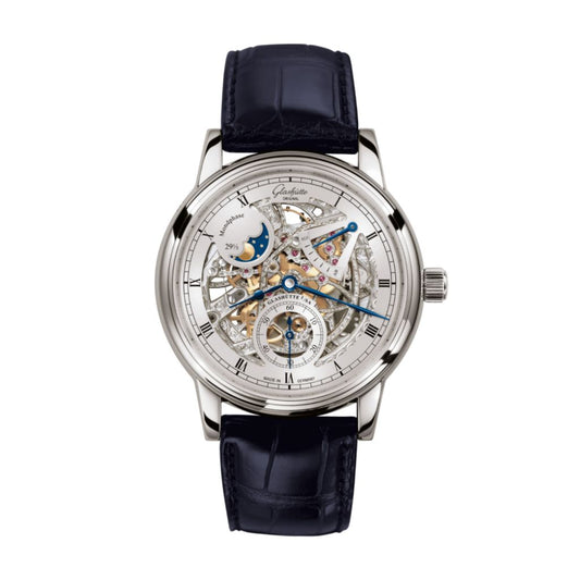 Glashuette Original Senator Moon Phase Skeletonised Edition 42 mm Silver Dial White Gold Louisiana   Leather Strap, Blue 1-49-13-15-04-30