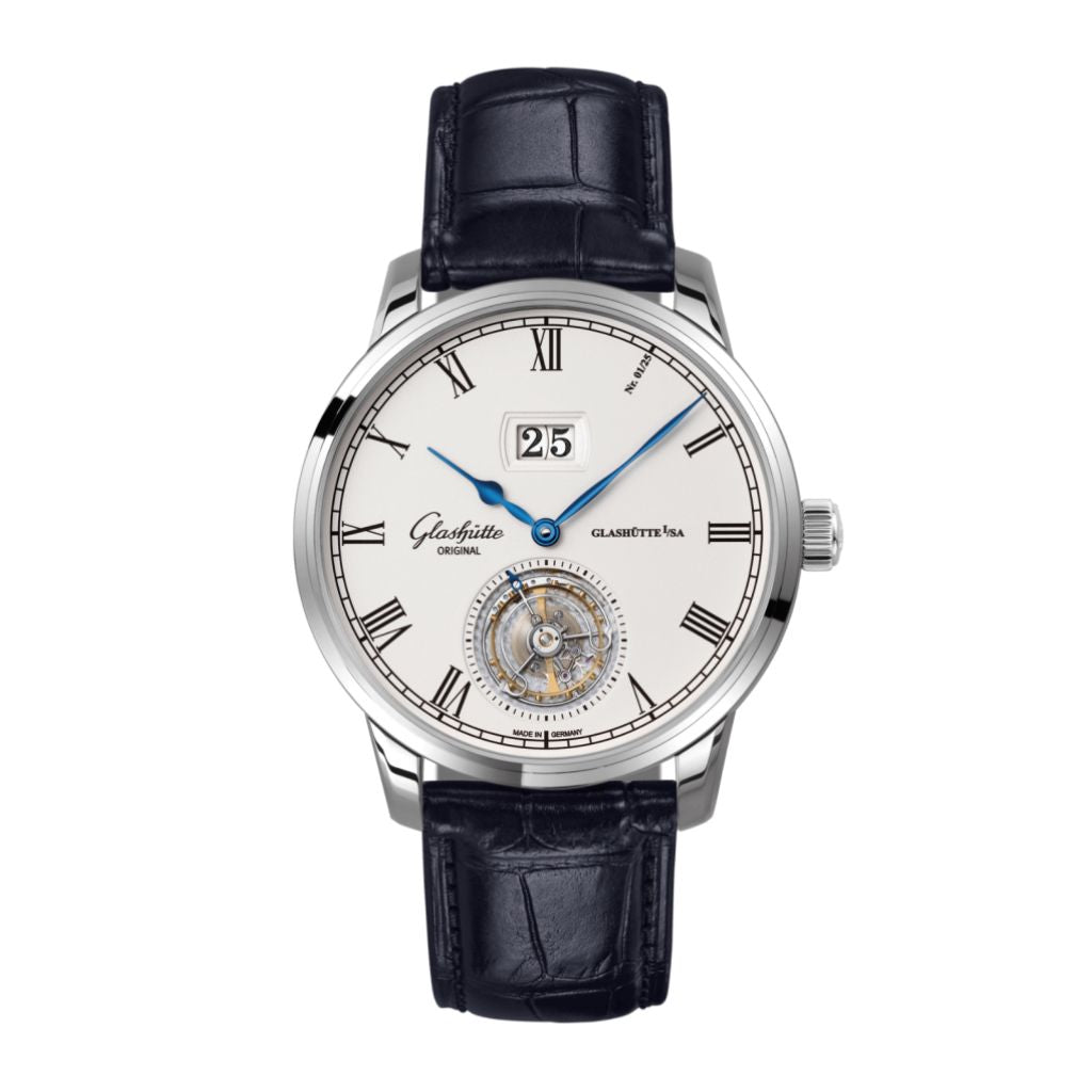 Glashuette Original Senator Tourbillon 42 mm White Dial White Gold Louisiana   Leather Strap, Blue 1-94-03-05-04-30