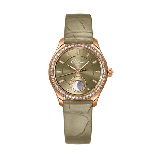 Glashuette Original Serenade Luna 32.50 mm Golden Green Dial with Diamonds Red Gold Louisiana   Leather Strap, Green 1-35-14-05-15-04