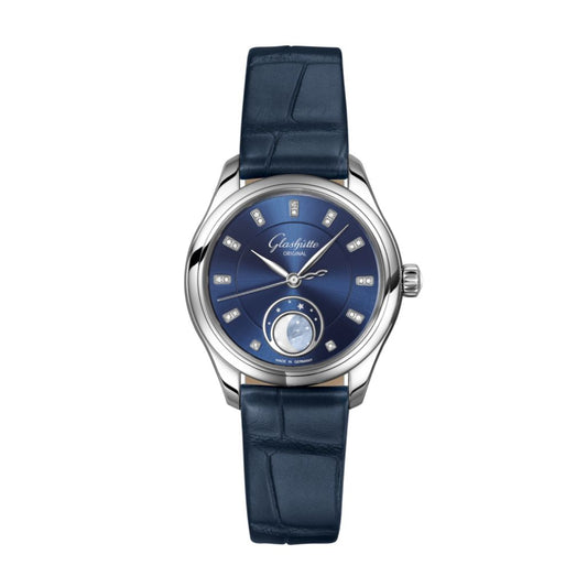 Glashuette Original Serenade Luna 32.50 mm Radiant Blue Dial with Diamonds Stainless Steel Louisiana   Leather Strap, Blue 1-35-14-03-02-04