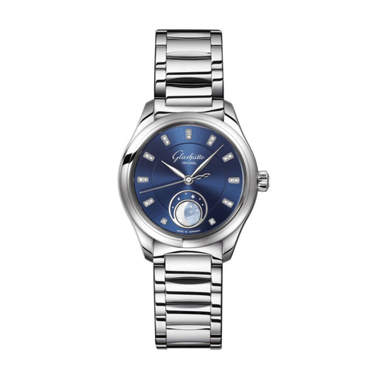 Glashuette Original Serenade Luna 32.50 mm Radiant Blue Dial with Diamonds Stainless Steel Metal Bracelet 1-35-14-03-02-14