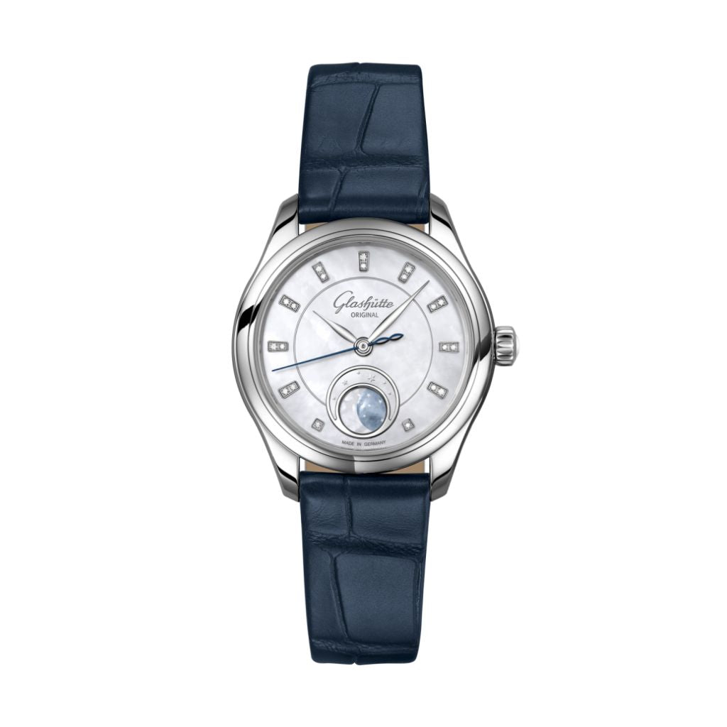 Glashuette Original Serenade Luna 32.50 mm Shimmering White Dial with Diamonds Stainless Steel Louisiana   Leather Strap, Blue 1-35-14-02-02-04