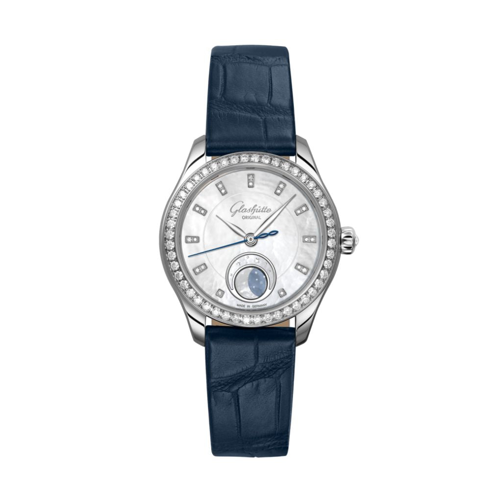 Glashuette Original Serenade Luna 32.50 mm Shimmering White Dial with Diamonds Stainless Steel Louisiana   Leather Strap, Blue 1-35-14-02-12-04