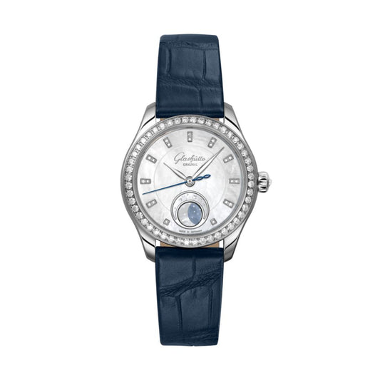 Glashuette Original Serenade Luna 32.50 mm Shimmering White Dial with Diamonds Stainless Steel Louisiana   Leather Strap, Blue 1-35-14-02-12-04