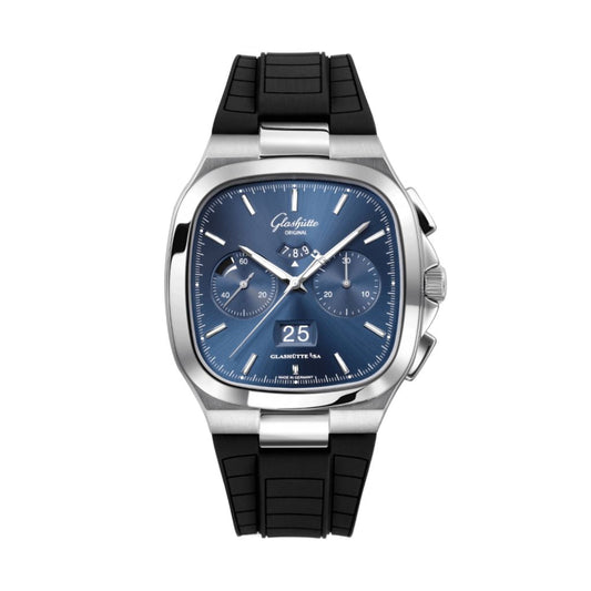 Glashuette Original Seventies Chronograph Panorama Date 40 mm Blue Dial Stainless Steel Rubber Strap, Black 1-37-02-08-02-63