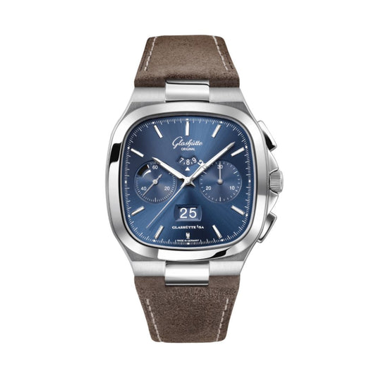 Glashuette Original Seventies Chronograph Panorama Date 40 mm Blue Dial Stainless Steel   Strap, Brown 1-37-02-08-02-62