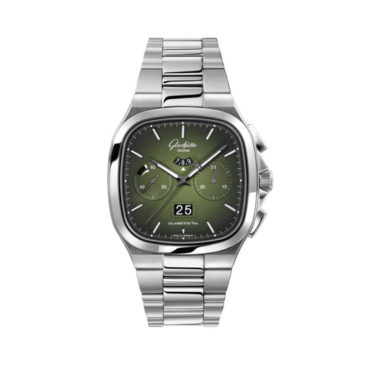 Glashuette Original Seventies Chronograph Panorama Date 40 mm Fab Green Dial Stainless Steel Metal Bracelet 1-37-02-09-02-70