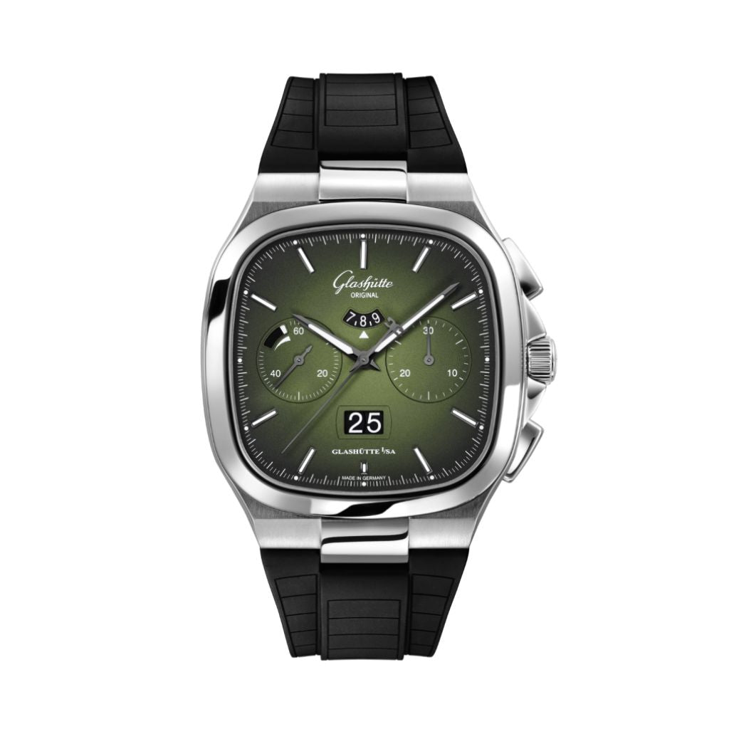 Glashuette Original Seventies Chronograph Panorama Date 40 mm Fab Green Dial Stainless Steel Rubber Strap, Black 1-37-02-09-02-63