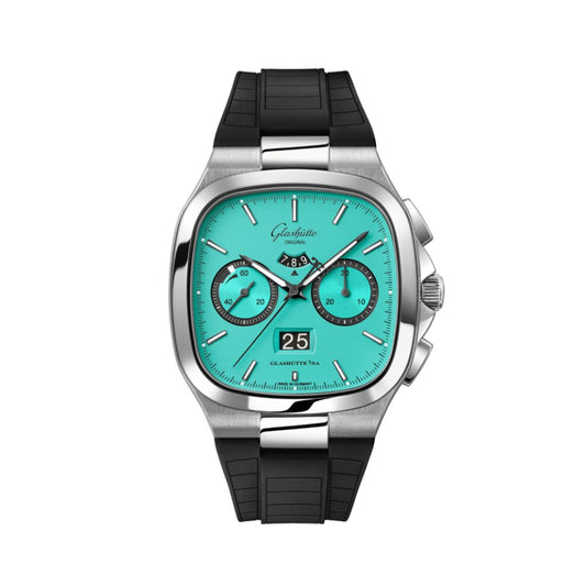 Glashuette Original Seventies Chronograph Panorama Date 40 mm Ocean Blue Dial Stainless Steel Rubber Strap, Black 1-37-02-16-02-63