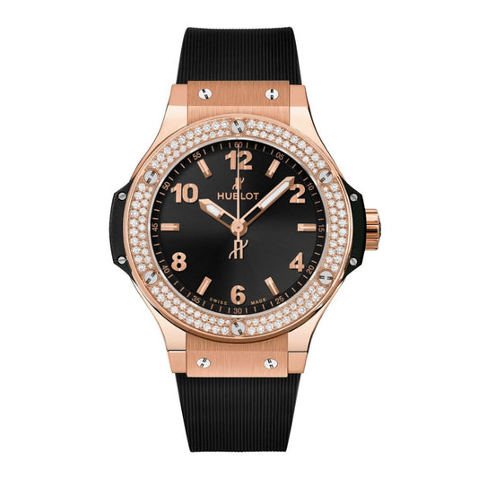 HUBLOT Big Bang Gold Diamonds 38 mm Black Dial Polished 18K 5N Gold Rubber Strap 361.PX.1280.RX.1104