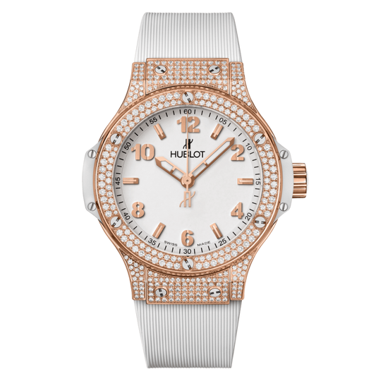 HUBLOT Big Bang Gold White Pavé 38 mm White Dial with Diamonds Polished 18K 5N Gold Rubber Strap 361.PE.2010.RW.1704