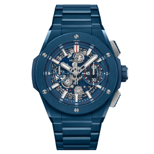 HUBLOT Big Bang Integrated Blue Ceramic 42 mm Transparent Dial Polished Blue Ceramic Bracelet 451.EX.5123.EX