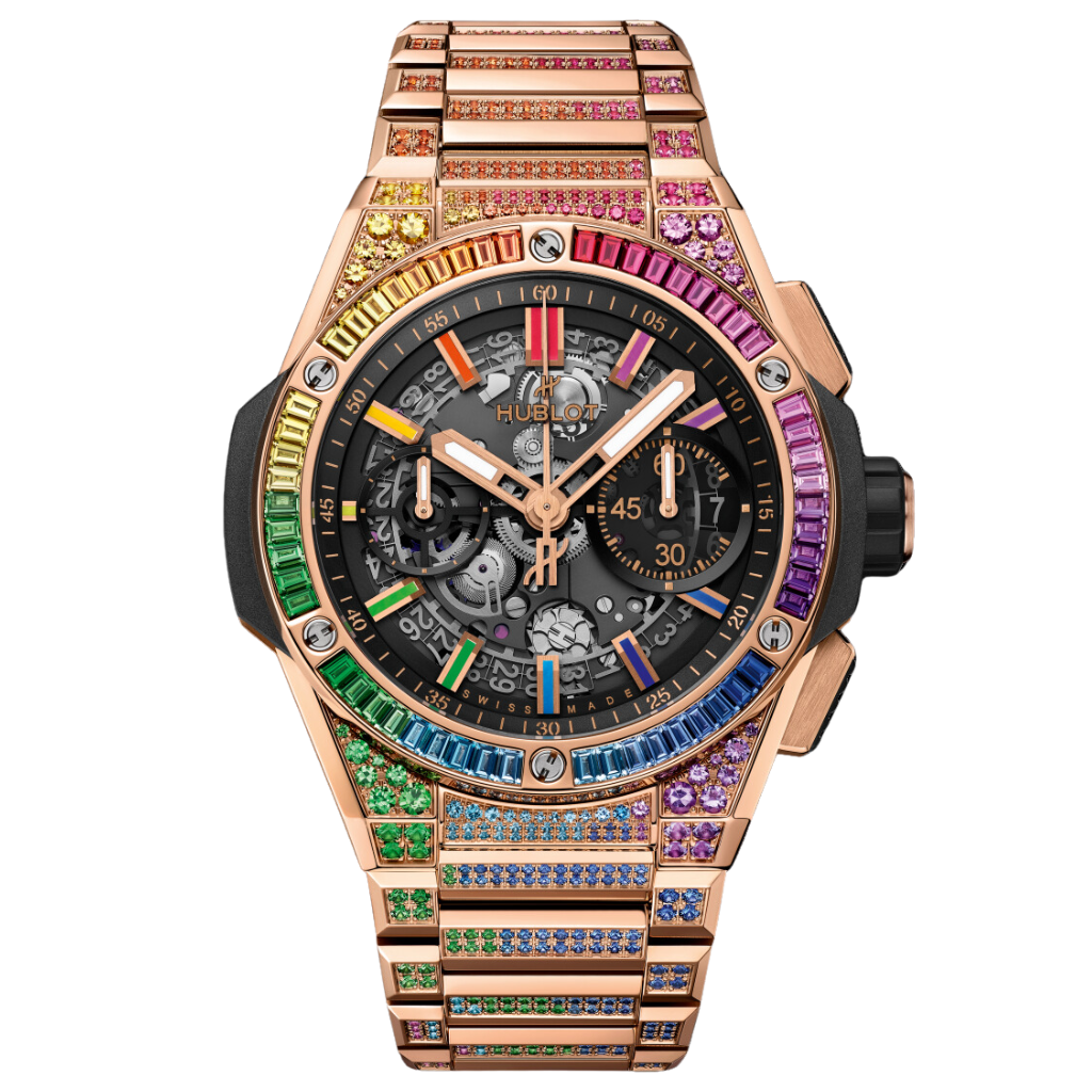 HUBLOT Big Bang Integrated King Gold Rainbow 42 mm Transparent Dial with Diamonds Polished 18K King Gold Bracelet 451.OX.1180.OX.3999