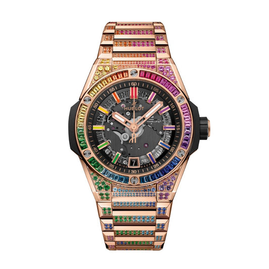 HUBLOT Big Bang Integrated Time Only King Gold Rainbow 40 mm Transparent Dial with Diamonds Polished 18K King Gold Bracelet 456.OX.0180.OX.3999