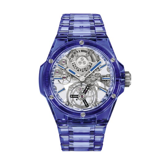 Hublot Big Bang Integrated Tourbillon Full Blue Sapphire 43 mm Transparent Dial Polished Blue Sapphire Crystal Bracelet 455.JL.0120.JL