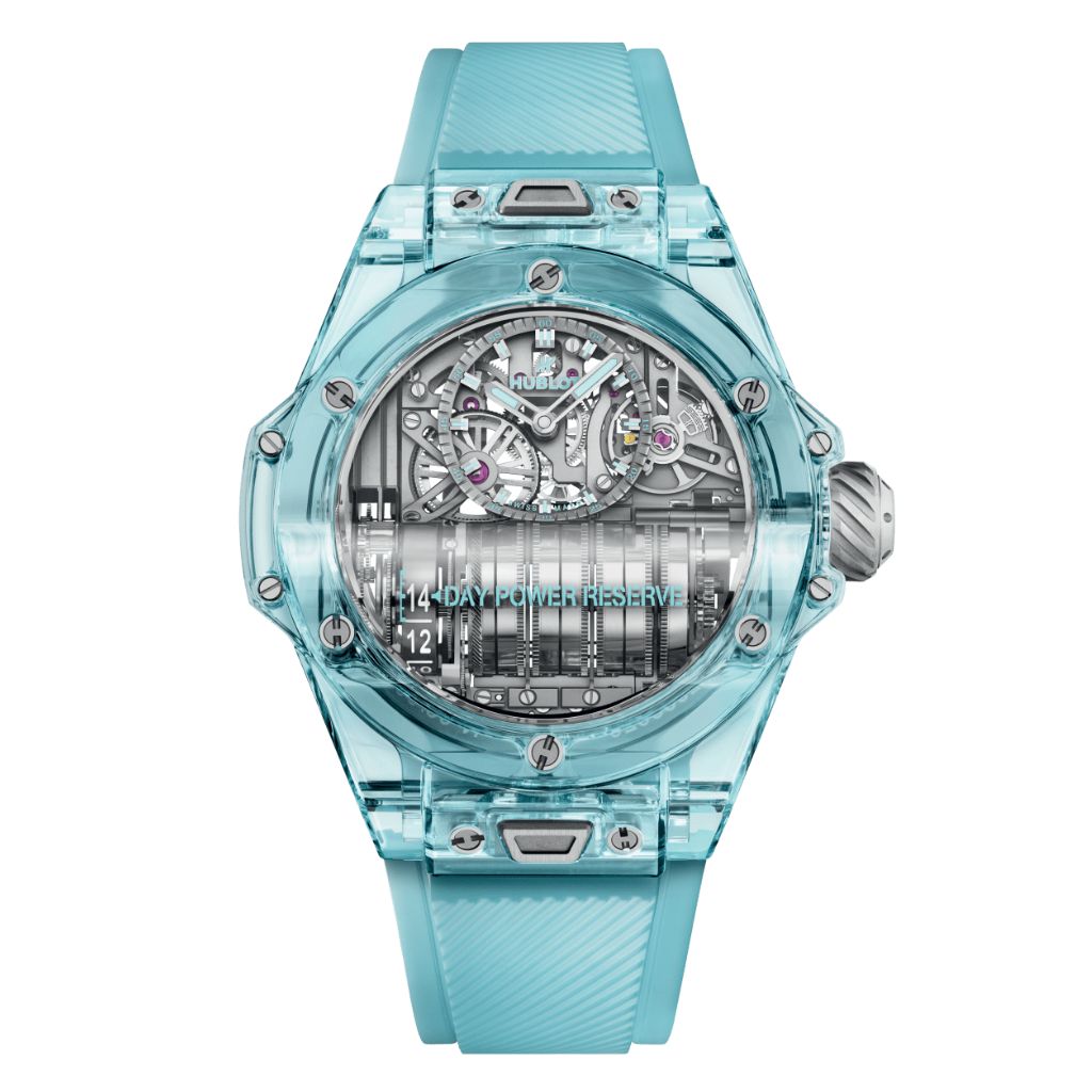 HUBLOT Big Bang MP-11 Power Reserve 14 Days 45 mm Transparent Dial Polished Water Blue Sapphire Crystal Rubber Strap 911.JL.0129.RX