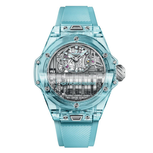 HUBLOT Big Bang MP-11 Power Reserve 14 Days 45 mm Transparent Dial Polished Water Blue Sapphire Crystal Rubber Strap 911.JL.0129.RX