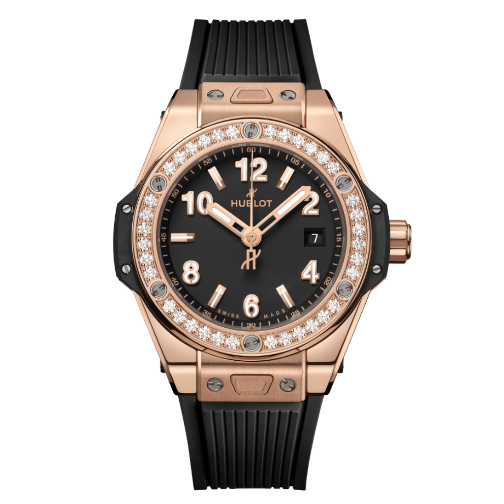Hublot Big Bang One Click King Gold Diamonds 33 mm Black Dial with Diamonds Polished 18K King Gold Rubber Strap 485.OX.1180.RX.1204