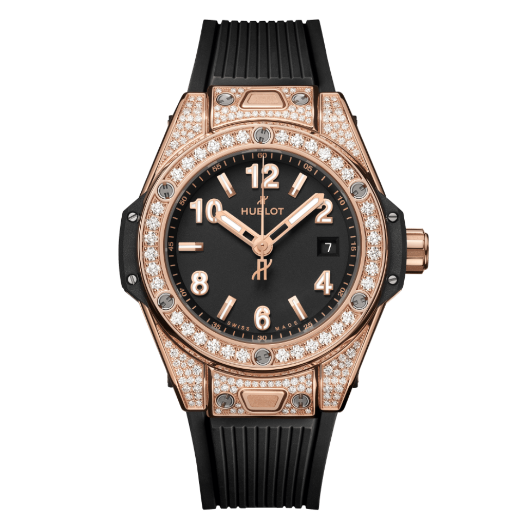 Hublot Big Bang One Click King Gold Pavé 33 mm Black Dial with Diamonds Polished 18K King Gold Rubber Strap 485.OX.1180.RX.1604