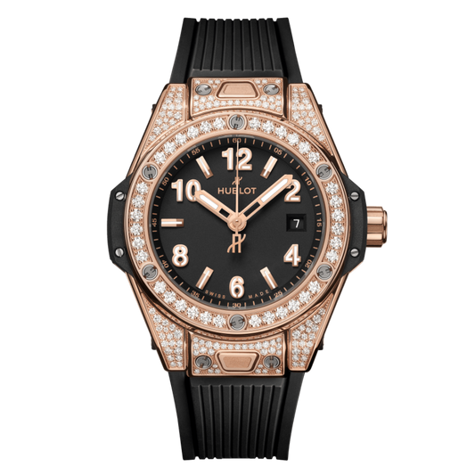 Hublot Big Bang One Click King Gold Pavé 33 mm Black Dial with Diamonds Polished 18K King Gold Rubber Strap 485.OX.1180.RX.1604