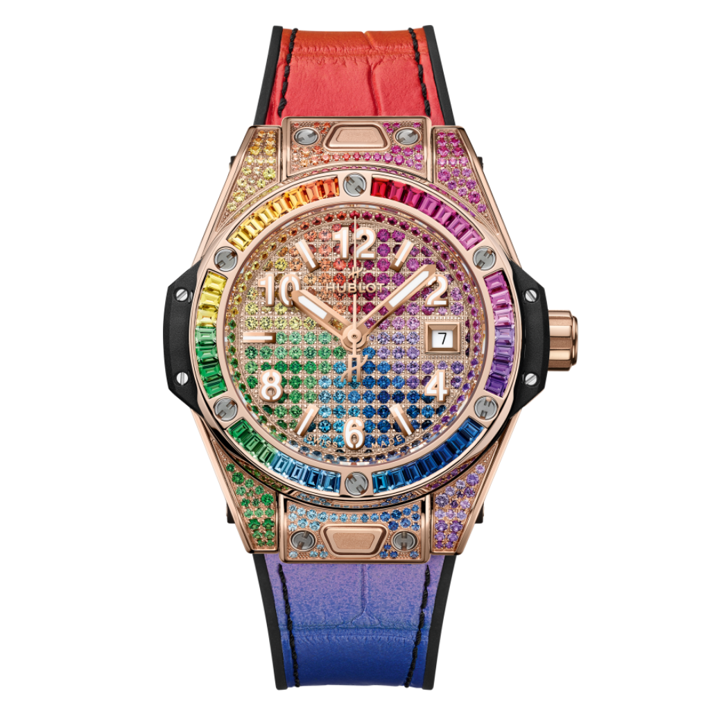Hublot Big Bang One Click King Gold Rainbow 33 mm Diamond Paved Dial Polished 18K King Gold   Leather Strap 485.OX.9900.LR.0999