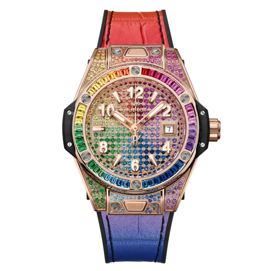 Hublot Big Bang One Click King Gold Rainbow 33 mm Diamond Paved Dial Polished 18K King Gold   Leather Strap 485.OX.9900.LR.0999