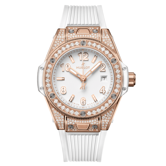 Hublot Big Bang One Click King Gold White Pavé 33 mm White Dial with Diamonds Polished 18K King Gold Rubber Strap 485.OE.2080.RW.1604