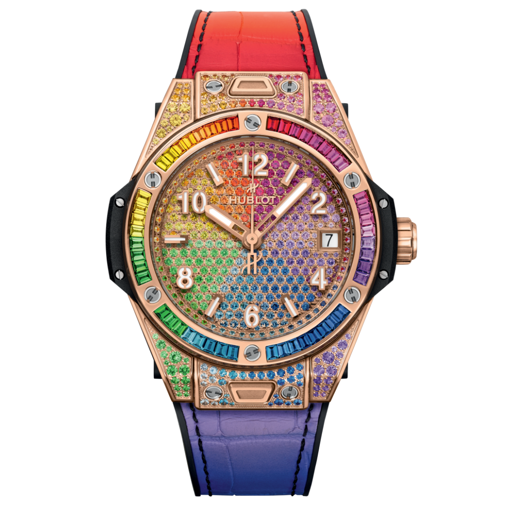 Hublot Big Bang One Click Rainbow King Gold 39 mm Diamond Paved Dial Polished 18K King Gold   Leather Strap 465.OX.9900.LR.0999