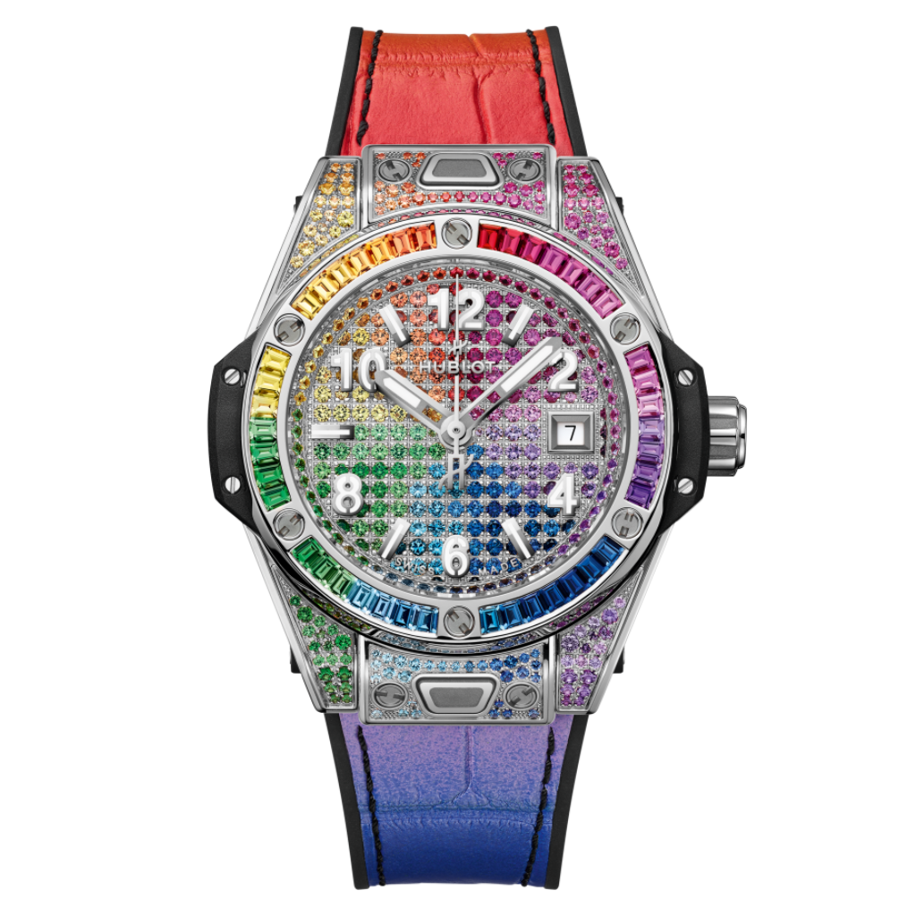 Hublot Big Bang One Click Steel Rainbow 33 mm Diamond Paved Dial Polished Stainless Steel   Leather Strap 485.SX.9900.LR.0999