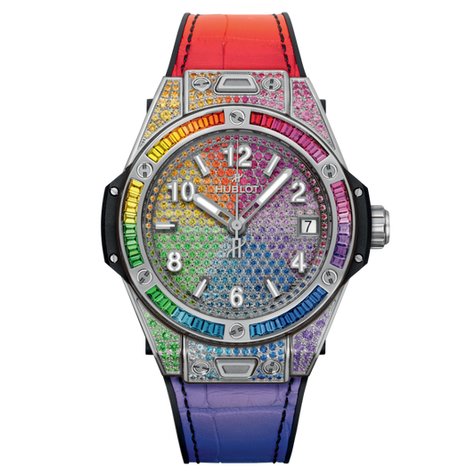 Hublot Big Bang One Click Steel Rainbow 39 mm Diamond Paved Dial Polished Stainless Steel   Leather Strap 465.SX.9900.LR.0999