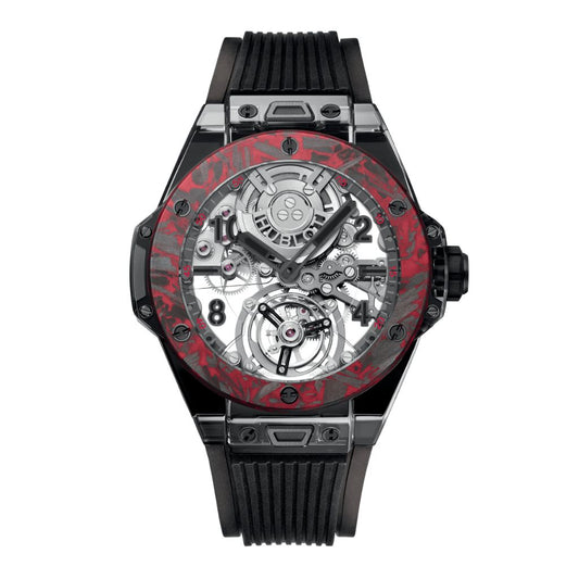 HUBLOT Big Bang Tourbillon Automatic Black Sapphire Las Vegas Boutique 45 mm Transparent Dial Polished Black Sapphire Crystal Rubber Strap 419.JBV.0113.RT.LVB23