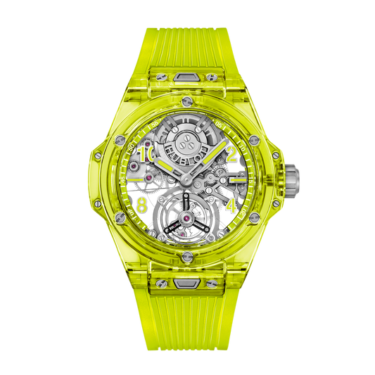 Hublot Big Bang Tourbillon Automatic Yellow Neon Saxem 44 mm Transparent Dial Polished and Microblasted Yellow Neon Saxem Rubber Strap 429.JY.0120.RT