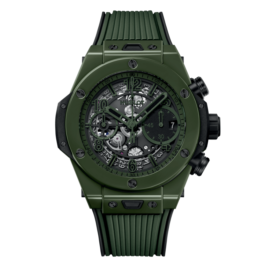 HUBLOT Big Bang Unico Dark Green Ceramic 42 mm Transparent Dial Polished Green Ceramic Rubber Strap 441.GX.5210.RX