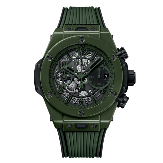 HUBLOT Big Bang Unico Dark Green Ceramic 42 mm Transparent Dial Polished Green Ceramic Rubber Strap 441.GX.5210.RX