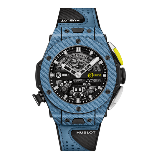 HUBLOT Big Bang Unico Golf Sky Blue Carbon 45 mm Transparent Dial Carbon Fiber and Blue Texalium® Rubber with Leather Strap 416.YE.1120.VR
