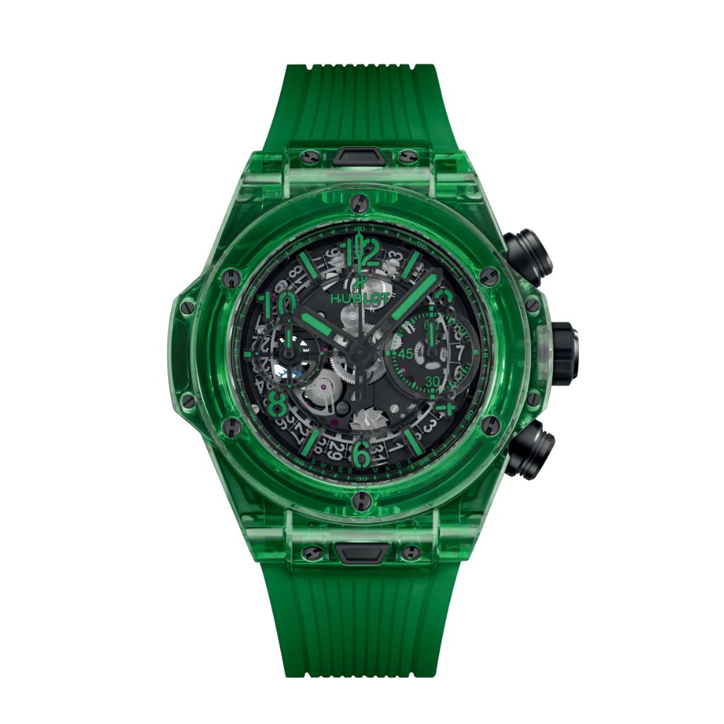 HUBLOT Big Bang Unico Green Saxem 42 mm Transparent Dial Polished Green SAXEM Rubber Strap 441.JG.4990.RT