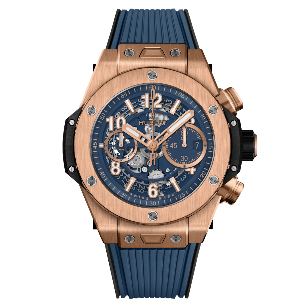 HUBLOT Big Bang Unico King Gold Blue 44 mm Transparent Dial Polished 18K King Gold Rubber Strap 421.OX.5180.RX