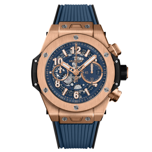 HUBLOT Big Bang Unico King Gold Blue 44 mm Transparent Dial Polished 18K King Gold Rubber Strap 421.OX.5180.RX