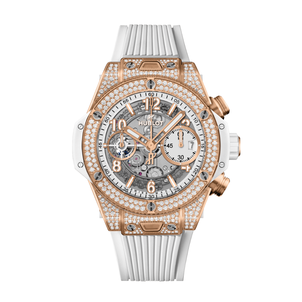 HUBLOT Big Bang Unico King Gold White Pavé 42 mm Transparent Dial with Diamonds Polished 18K King Gold Rubber Strap 441.OE.2011.RW.1704