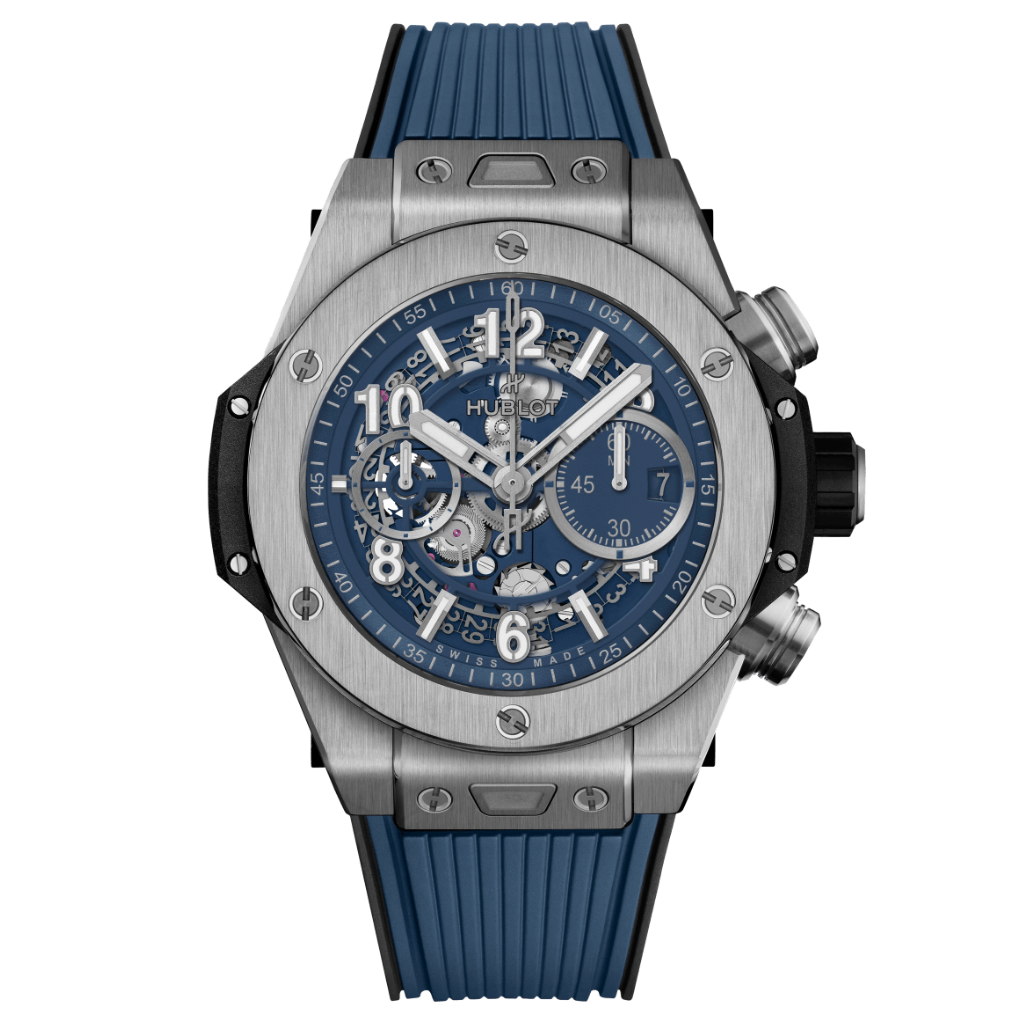HUBLOT Big Bang Unico Titanium Blue 44 mm Transparent Dial Polished Titanium Rubber Strap 421.NX.5170.RX