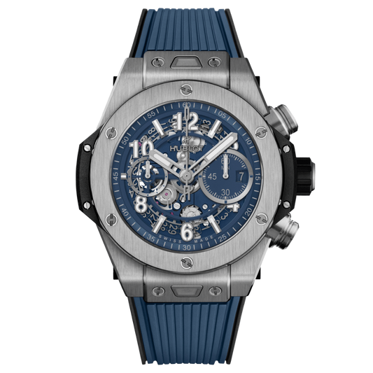 HUBLOT Big Bang Unico Titanium Blue 44 mm Transparent Dial Polished Titanium Rubber Strap 421.NX.5170.RX