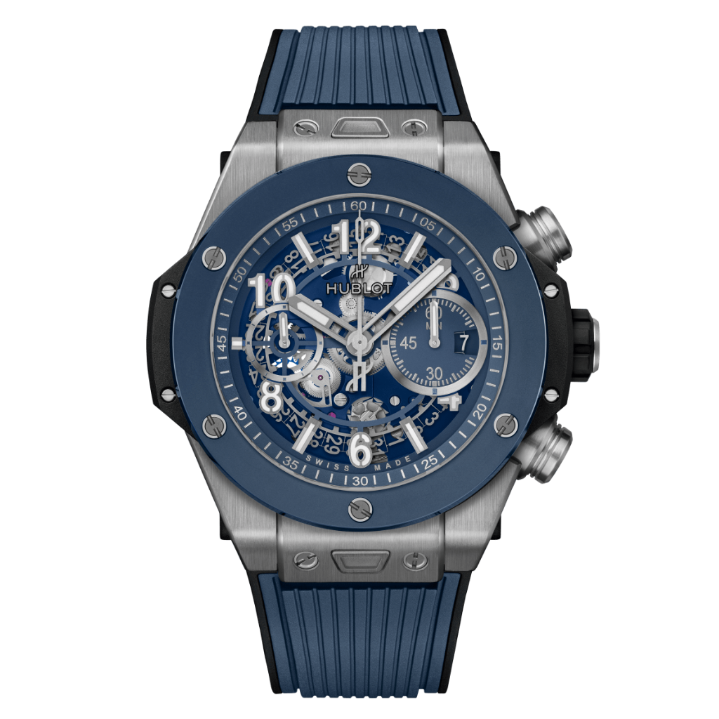 HUBLOT Big Bang Unico Titanium Blue Ceramic 44 mm Transparent Dial Polished Titanium Rubber Strap 421.NL.5170.RX