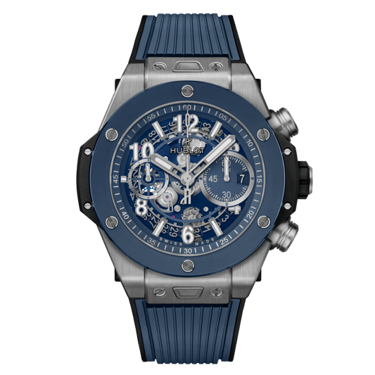 HUBLOT Big Bang Unico Titanium Blue Ceramic 44 mm Transparent Dial Polished Titanium Rubber Strap 421.NL.5170.RX