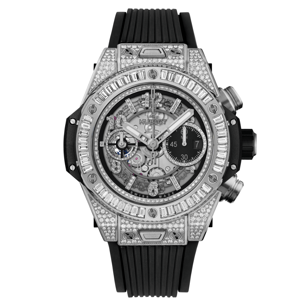 HUBLOT Big Bang Unico Titanium Jewellery 44 mm Transparent Dial with Diamonds Polished Titanium Rubber Strap 421.NX.1170.RX.0904