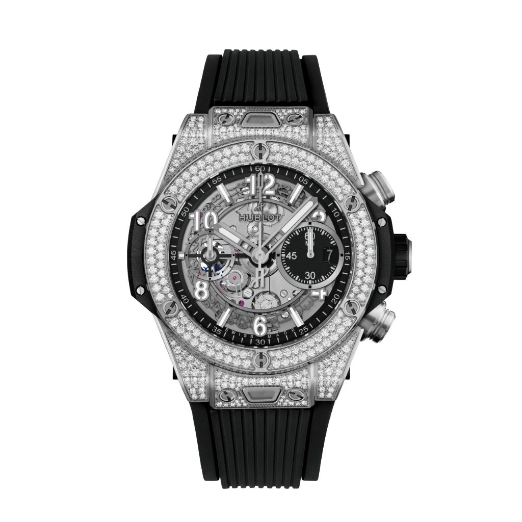 HUBLOT Big Bang Unico Titanium Pavé 42 mm Transparent Dial with Diamonds Polished Titanium Rubber Strap 441.NX.1171.RX.1704