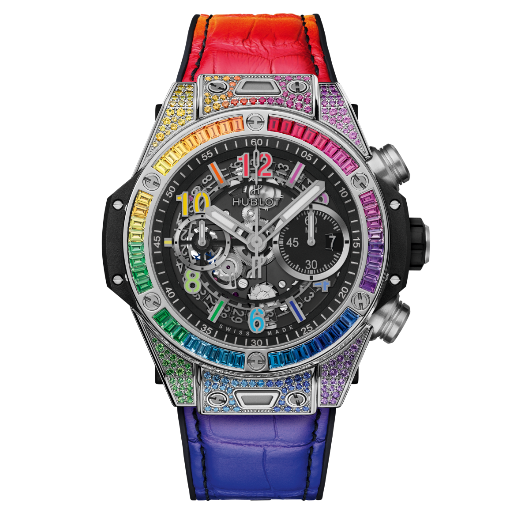 HUBLOT Big Bang Unico Titanium Rainbow 44 mm Transparent Dial with Diamonds Polished Titanium Rubber with Leather Strap 421.NX.1117.LR.0999