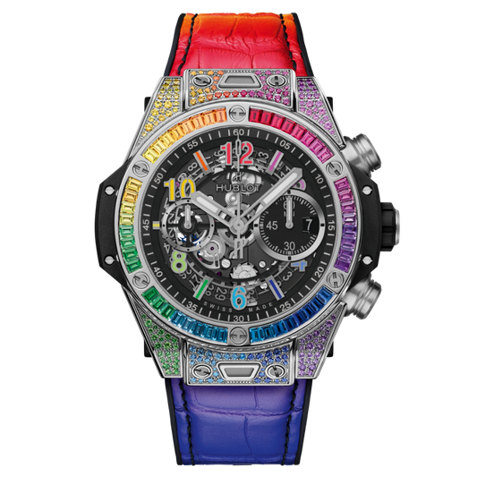 HUBLOT Big Bang Unico Titanium Rainbow 44 mm Transparent Dial with Diamonds Polished Titanium Rubber with Leather Strap 421.NX.1117.LR.0999