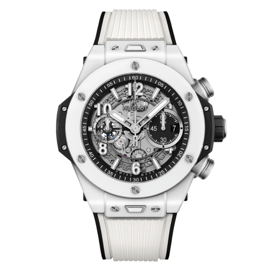 HUBLOT Big Bang Unico White Ceramic 44 mm Transparent Dial Polished White Ceramic Rubber Strap 421.HX.1170.RX